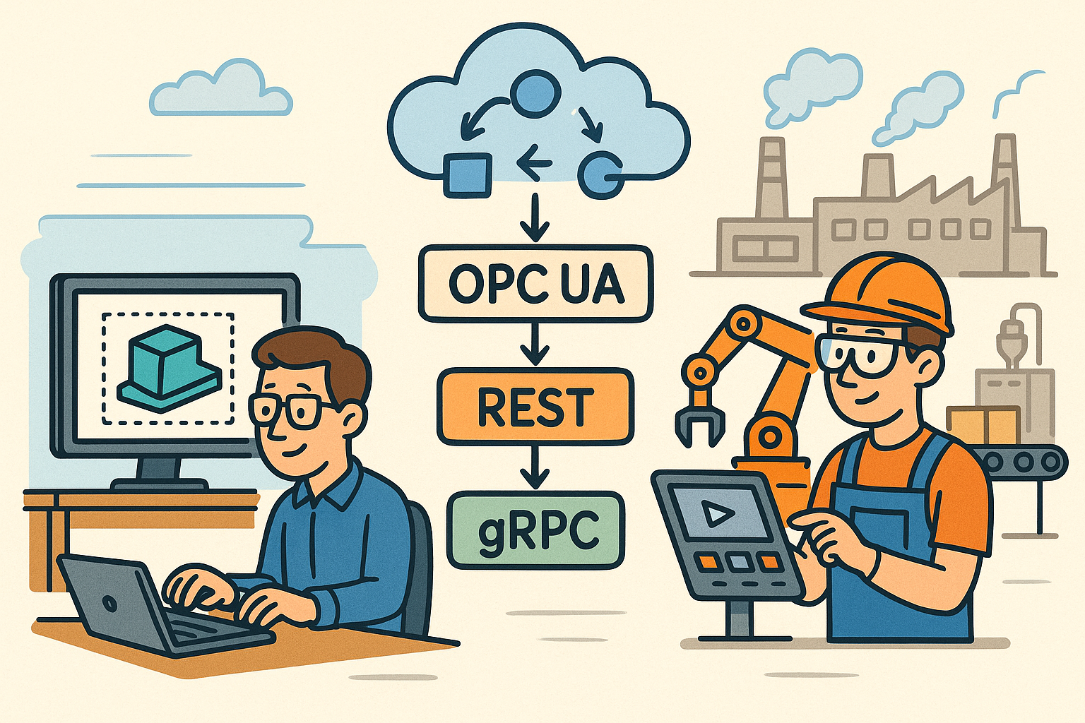 Standards-Based APIs for a Continuous Digital Thread: OPC UA, REST, gRPC for Model-Centric Design-to-Factory Integration