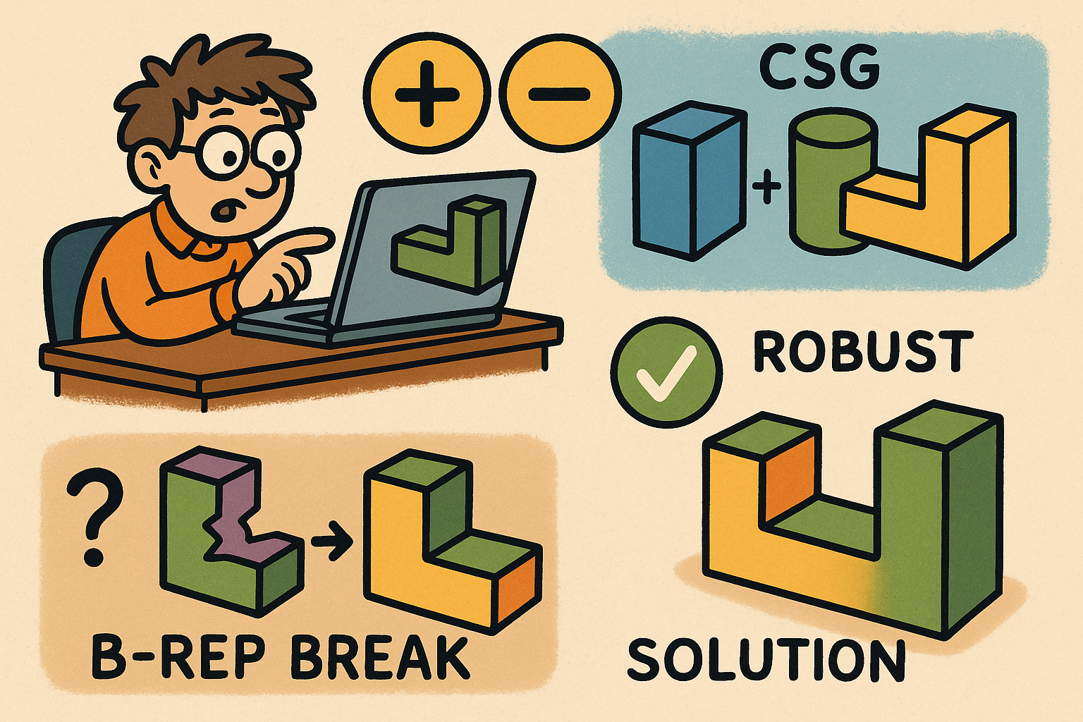 Design Software History: Boolean Modeling in CAD: CSG Origins, B‑Rep Breaking Points, and Robustness Solutions