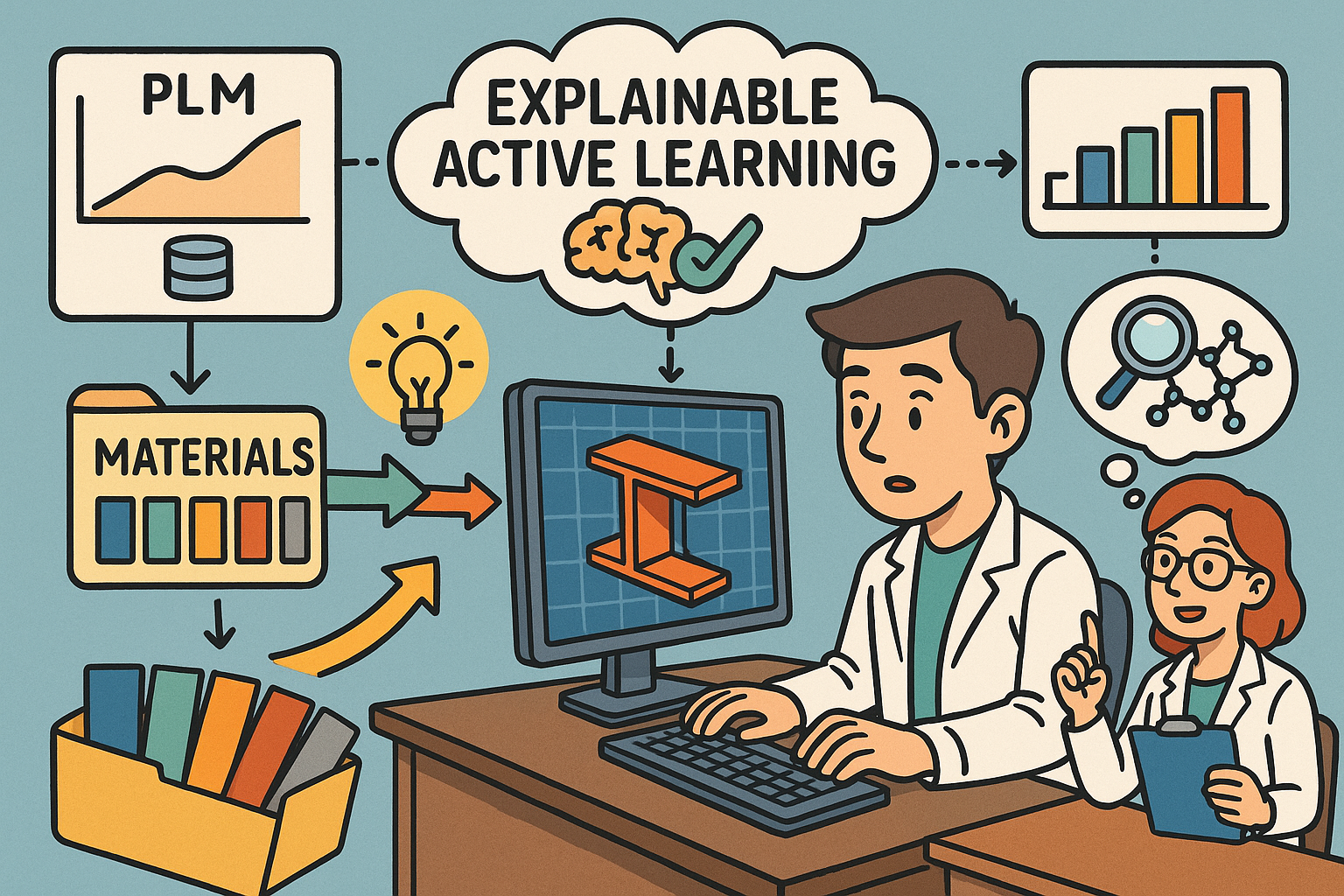 Explainable Active Learning in CAD/CAE/PLM for Data-Efficient Materials Selection