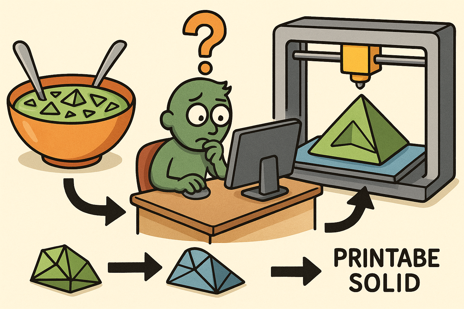 Design Software History: From Triangle Soup to Printable Solid: Mesh Repair Algorithms for Additive Manufacturing