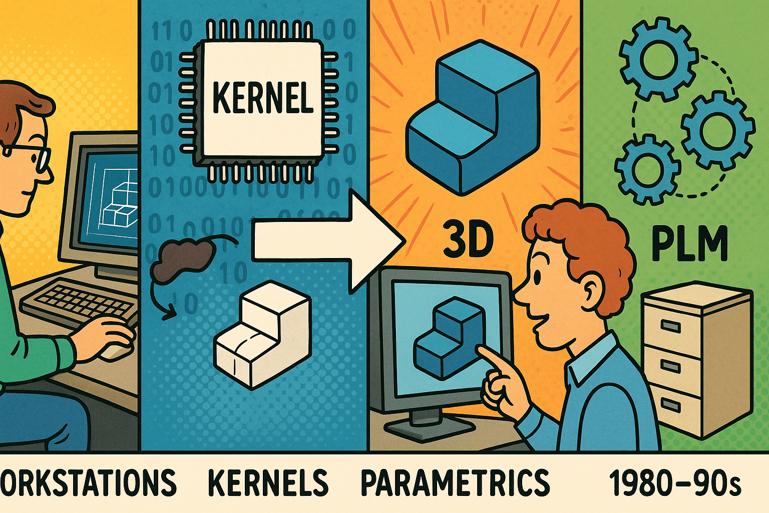 Design Software History: Workstations, Kernels, Parametrics and PLM: Technical Catalysts of the 2D→3D CAD Transition (1980s–90s)